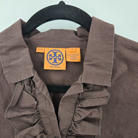 Tory Burch Brown Ruffle Button Down Shirt 10 - Picture 3 of 5